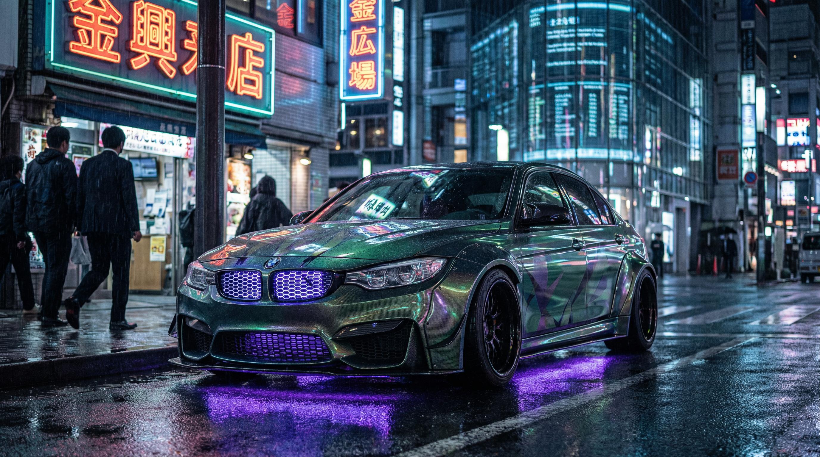 抖阴绿色改装轿车夜景灯光视频